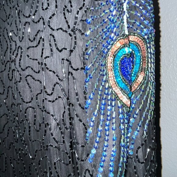 LAWRENCE KAZAR NEW YORK Beaded Top Black Peacock Design 100% Silk Plus Size 2X - Picture 11 of 16